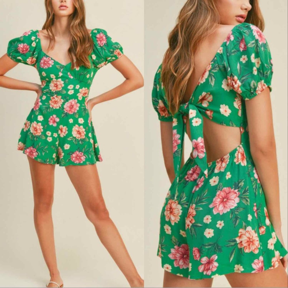 Bohemian Floral Sexy Back Romper - Green - Picture 1 of 4